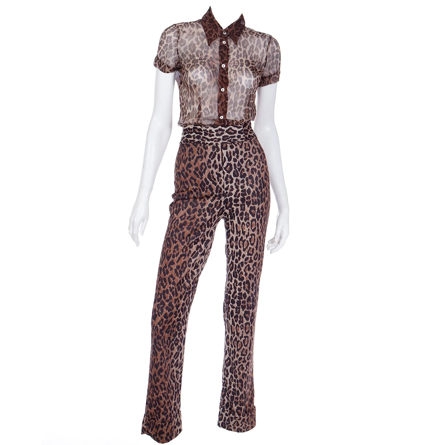 2000s Dolce & Gabbana Brown Leopard  Print Sheer Silk Top & Pants Outfit