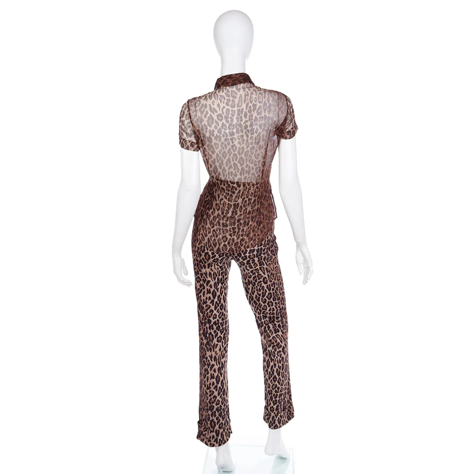 2000s Dolce & Gabbana Brown Leopard  Print Sheer Silk Top & Pants Outfit