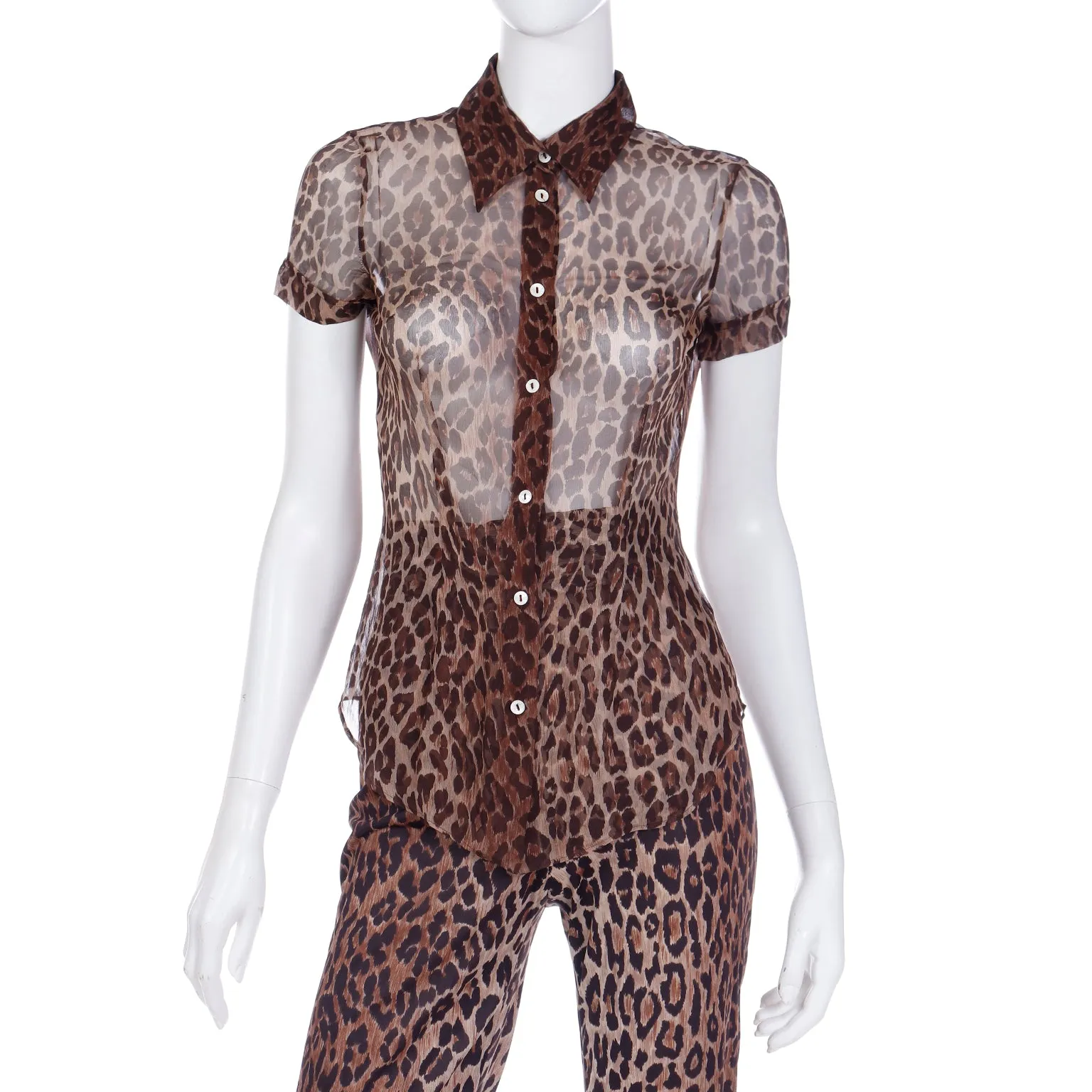 2000s Dolce & Gabbana Brown Leopard  Print Sheer Silk Top & Pants Outfit