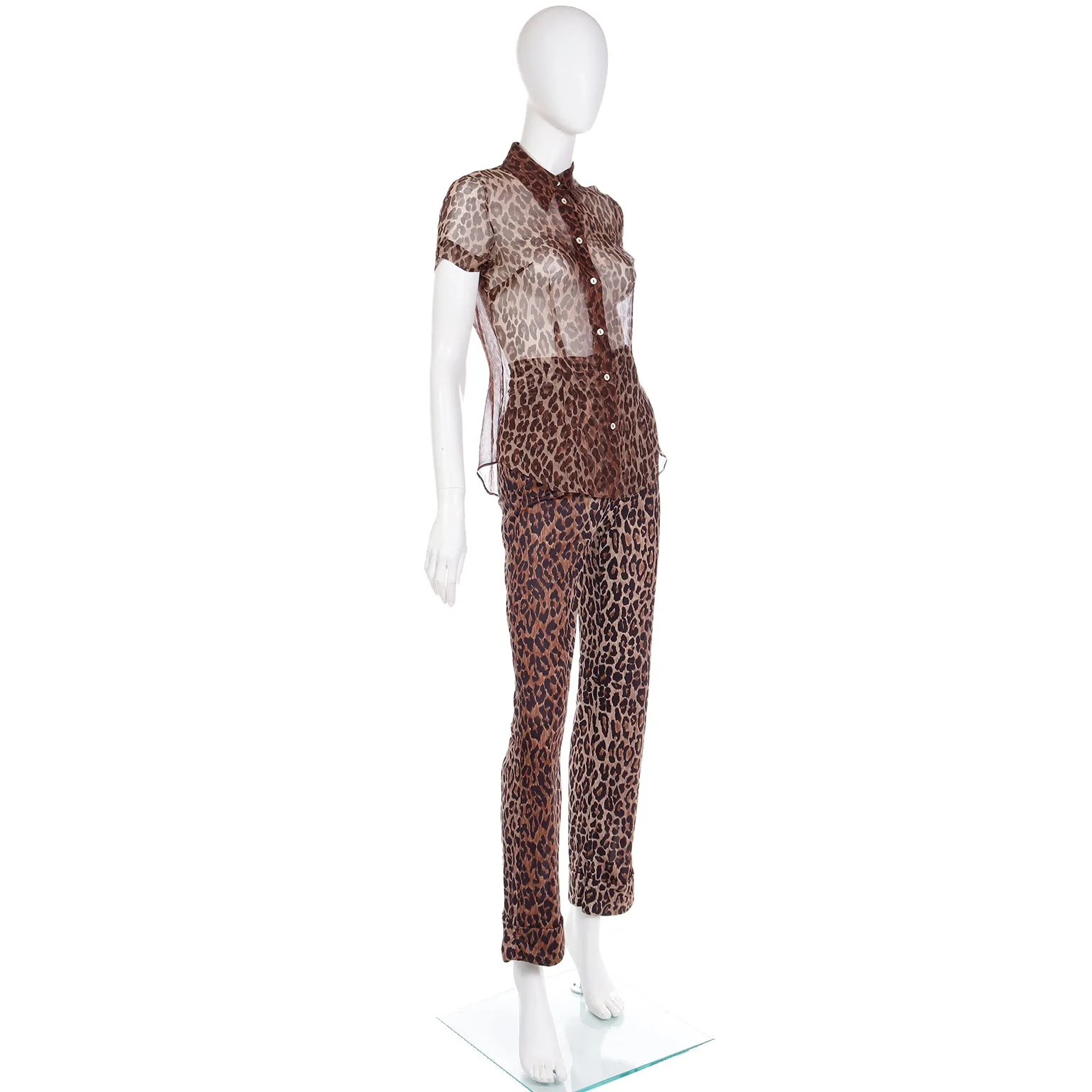 2000s Dolce & Gabbana Brown Leopard  Print Sheer Silk Top & Pants Outfit