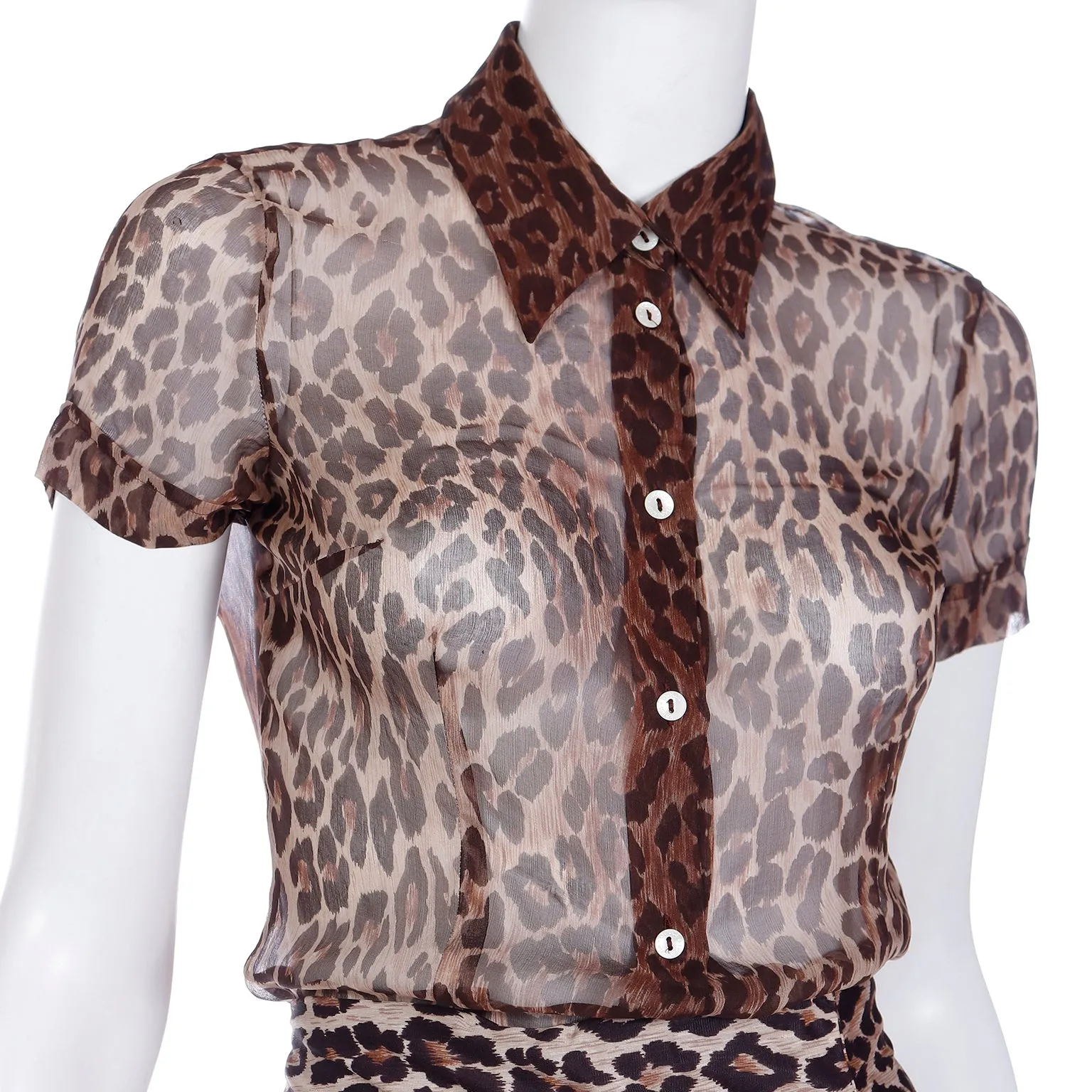 2000s Dolce & Gabbana Brown Leopard  Print Sheer Silk Top & Pants Outfit