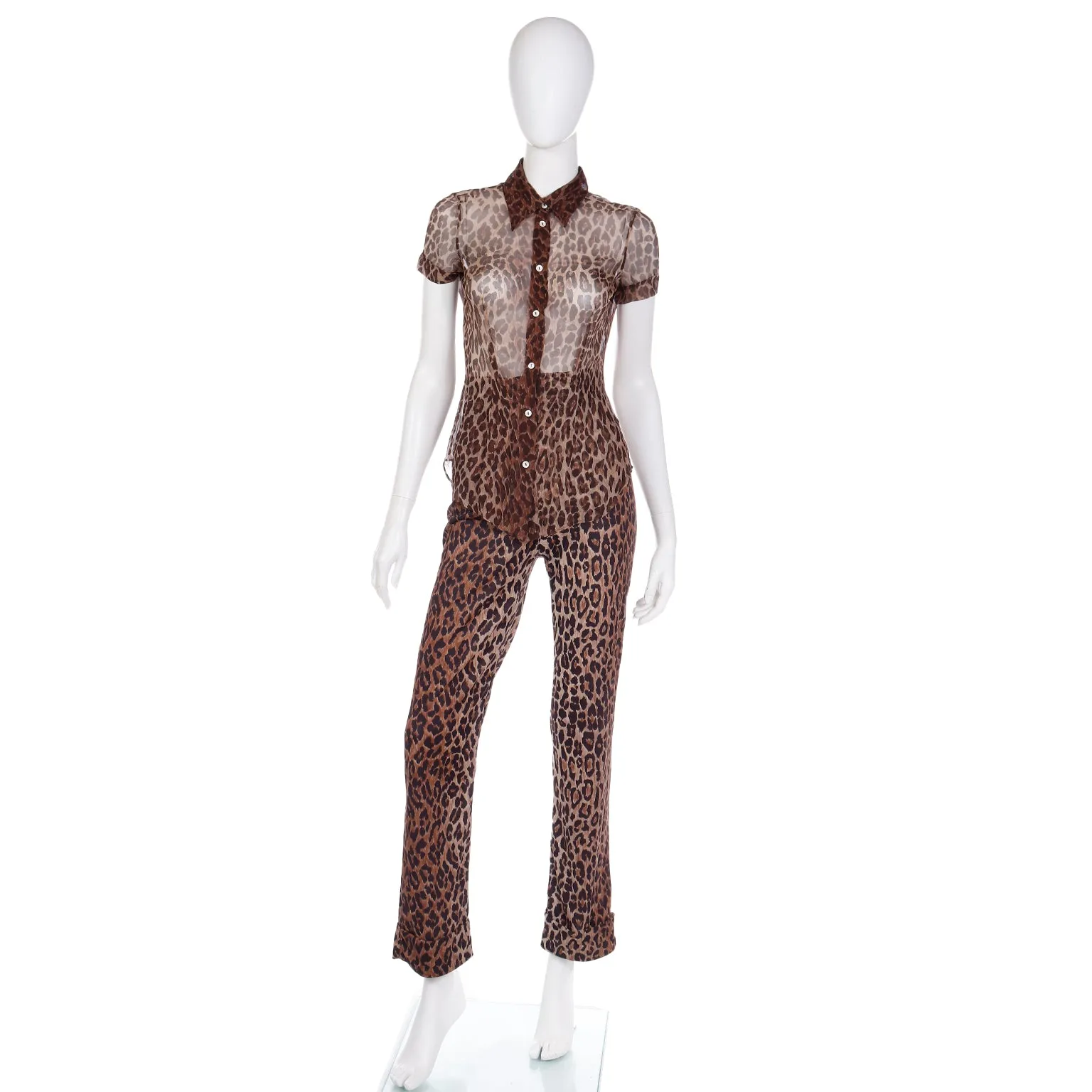 2000s Dolce & Gabbana Brown Leopard  Print Sheer Silk Top & Pants Outfit