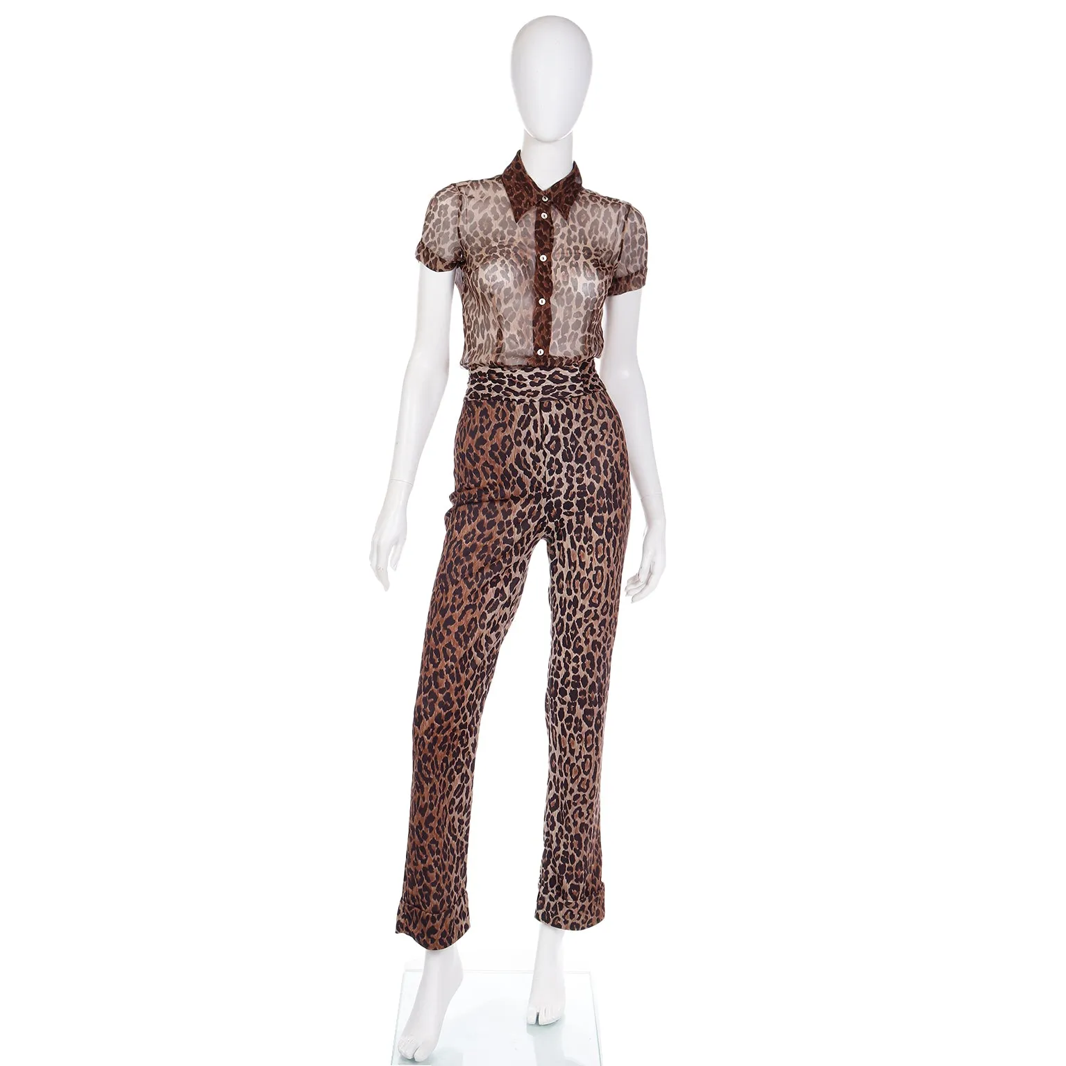 2000s Dolce & Gabbana Brown Leopard  Print Sheer Silk Top & Pants Outfit