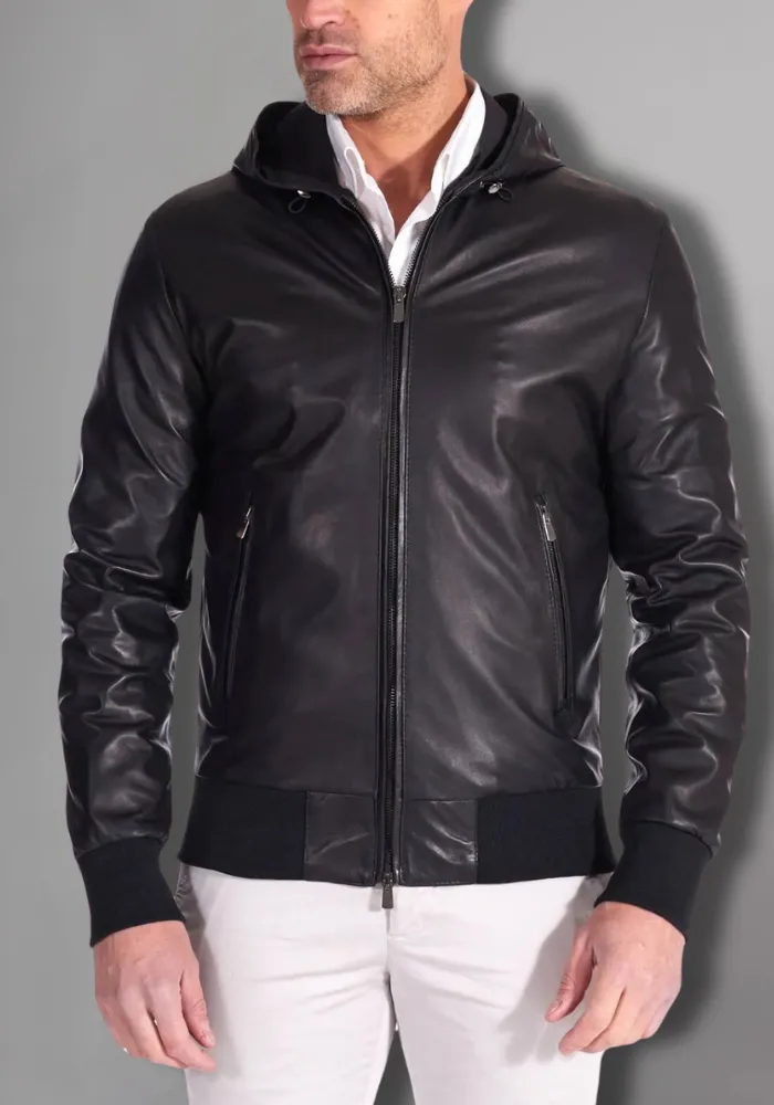 Black Hoodie Leather Biker Jacket for Men With Skull