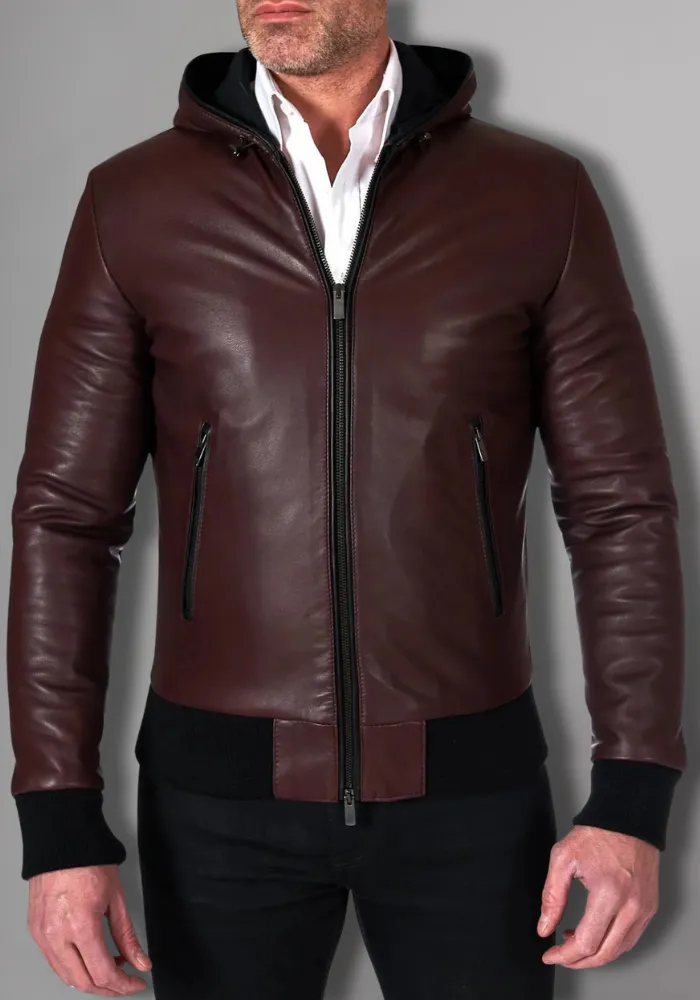 Black Hoodie Leather Biker Jacket for Men With Skull