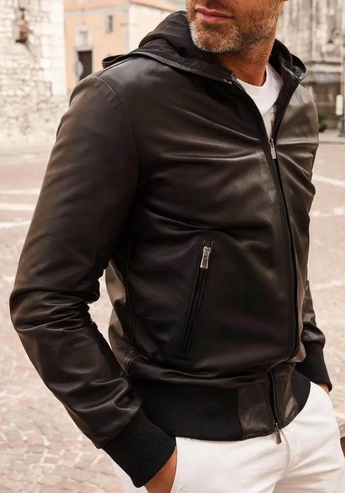 Black Hoodie Leather Biker Jacket for Men With Skull