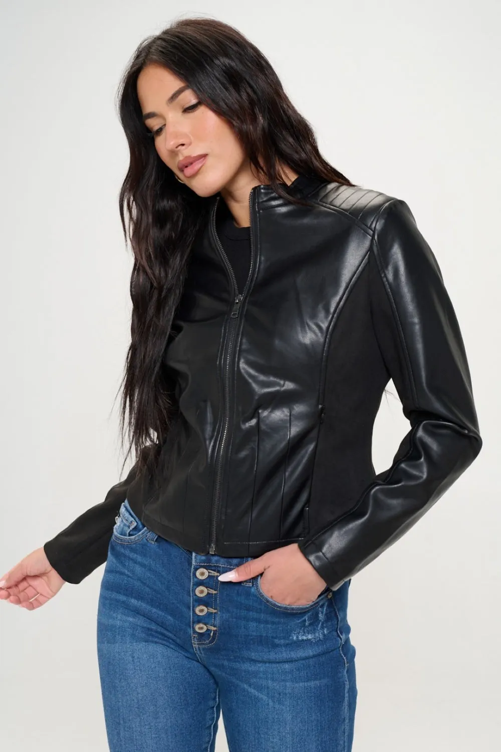 Black Vegan Leather for Women New women's Fashion Zip Up Vegan Moto Jacket