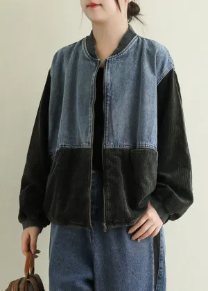 Boho Black Pockets Corduroy Patchwork Denim Jackets