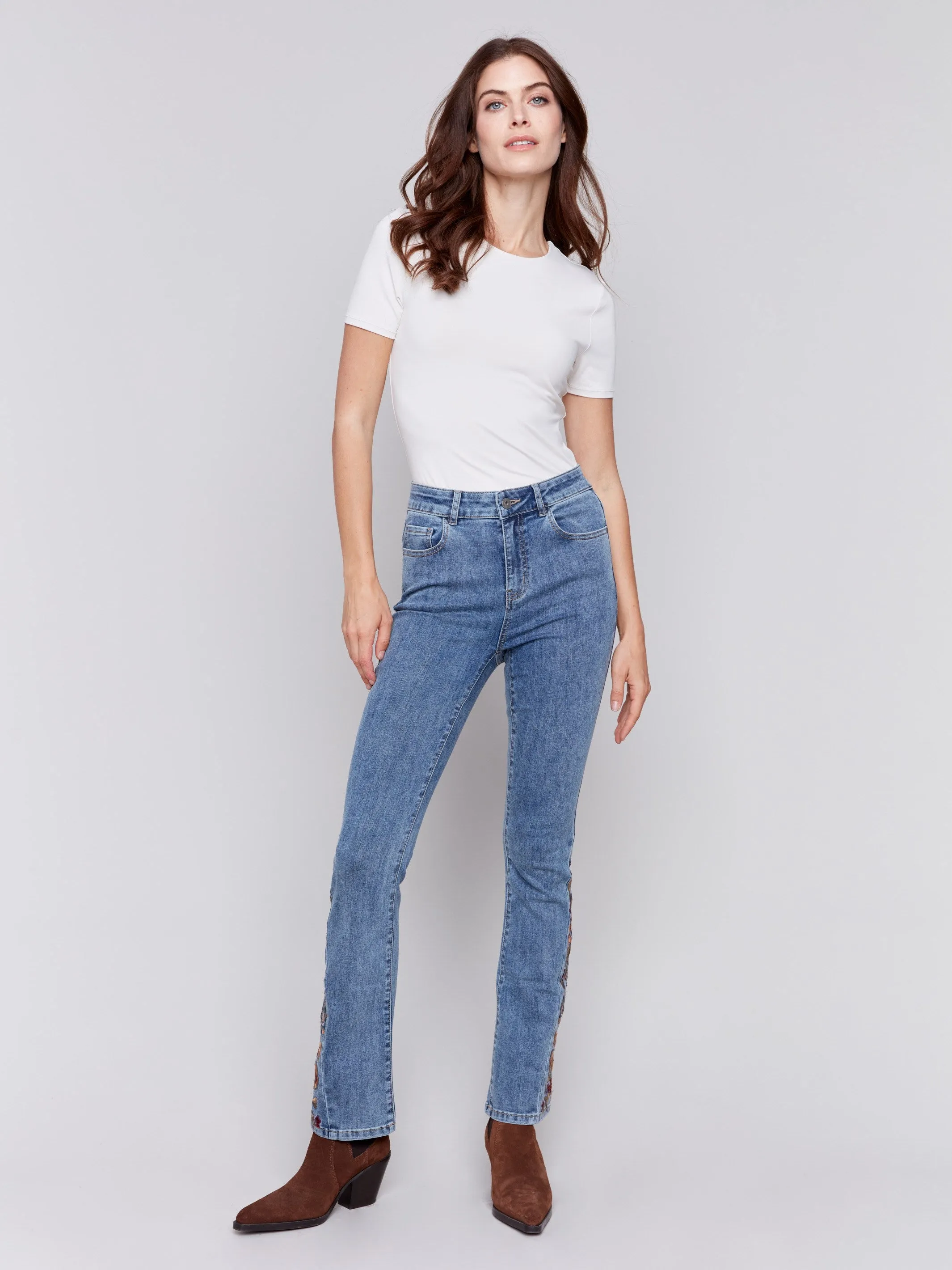 Bootcut Jeans with Floral Embroidery - Medium Blue