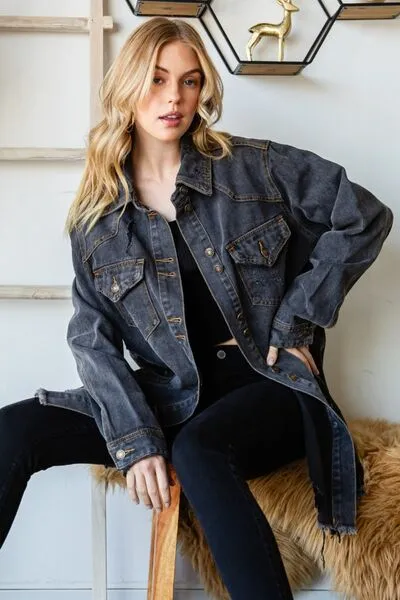 Button Up Distressed Frayed Hem Denim Jacket