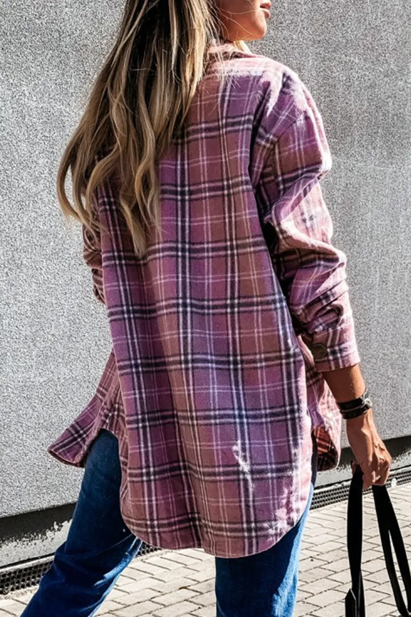 Casual Plaid Buckle Turndown Collar Tops(3 colors)