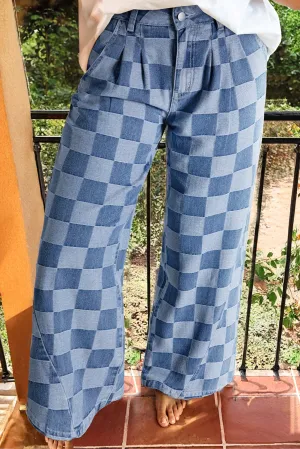 Checkered Denim Wide Leg Jeans