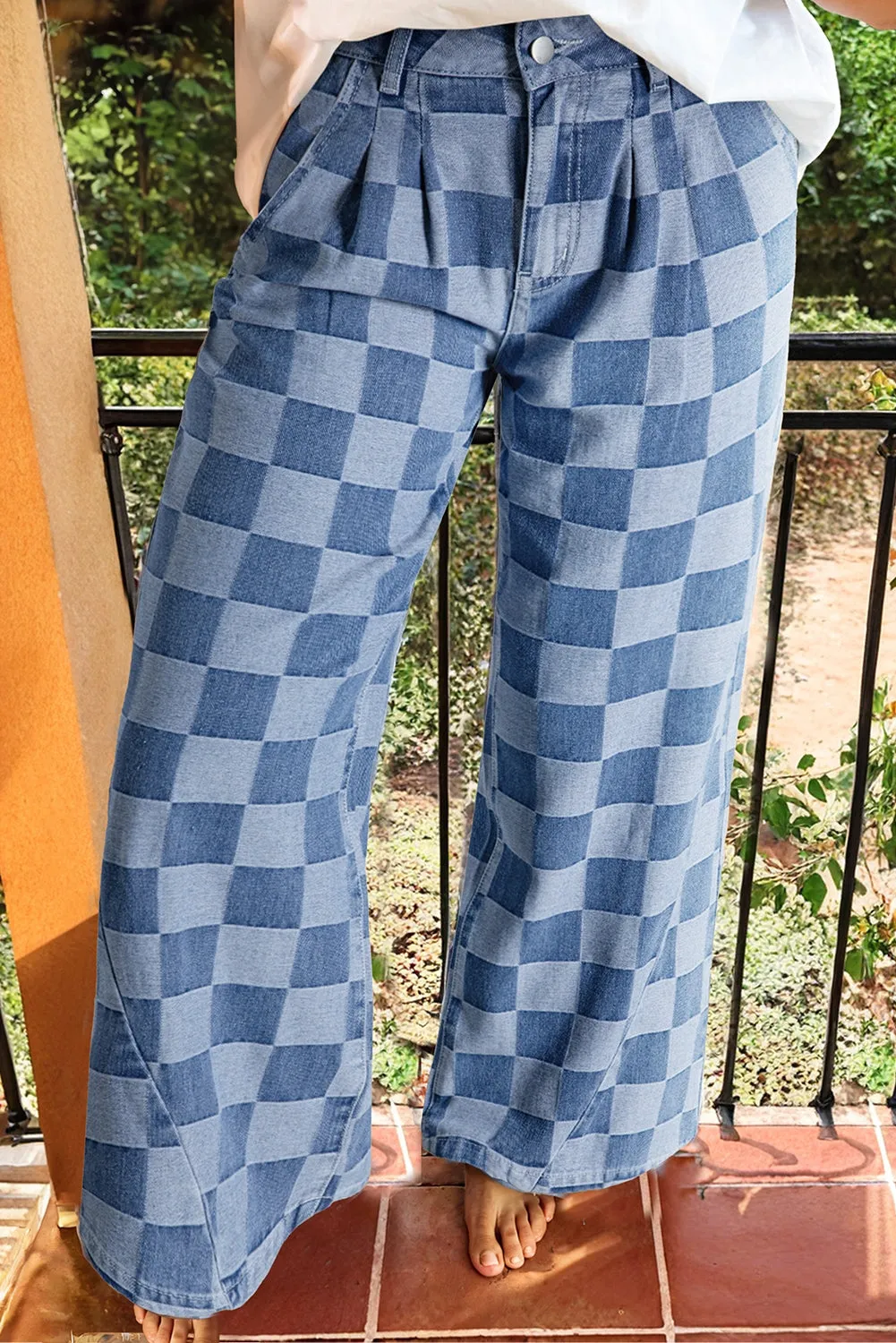 Checkered Denim Wide Leg Jeans