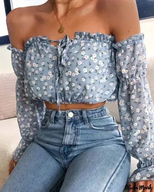 Deanwangkt - Floral Off Shoulder Ruffle Hem Blouse