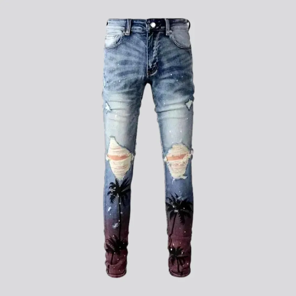 Distressed men's palms-print jeans