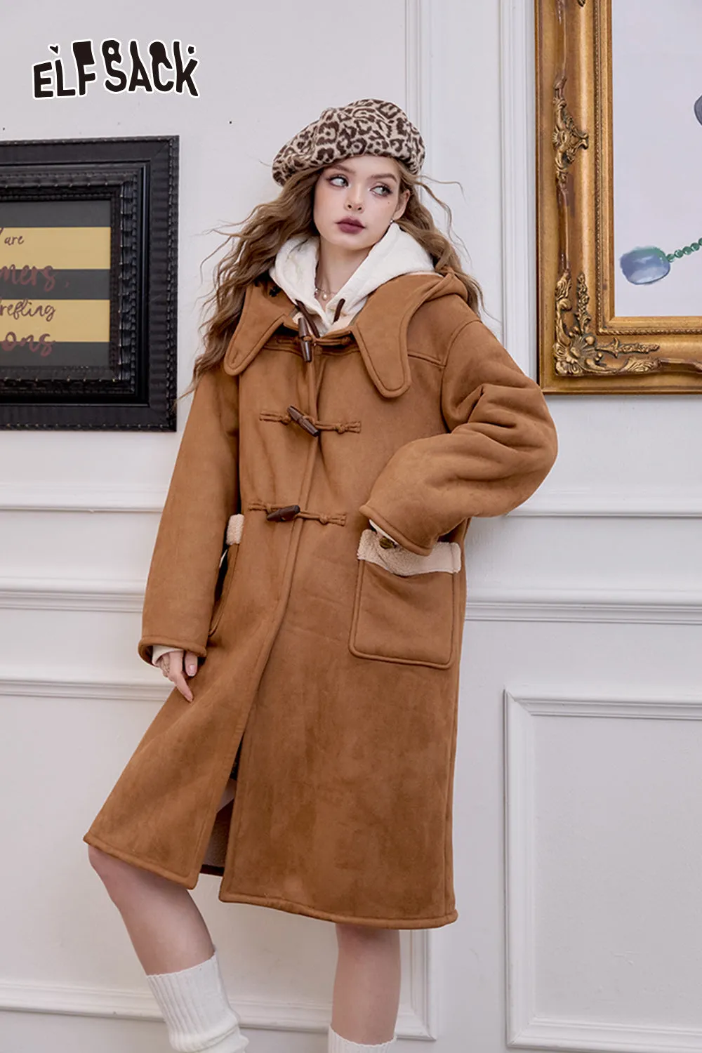 ELFSACK 2024 Winter New Arrivals College style retro coffee brown cow horn button long jacket for women