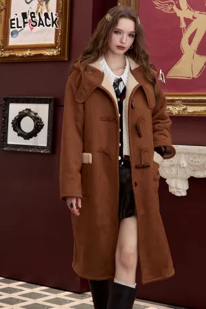 ELFSACK 2024 Winter New Arrivals College style retro coffee brown cow horn button long jacket for women