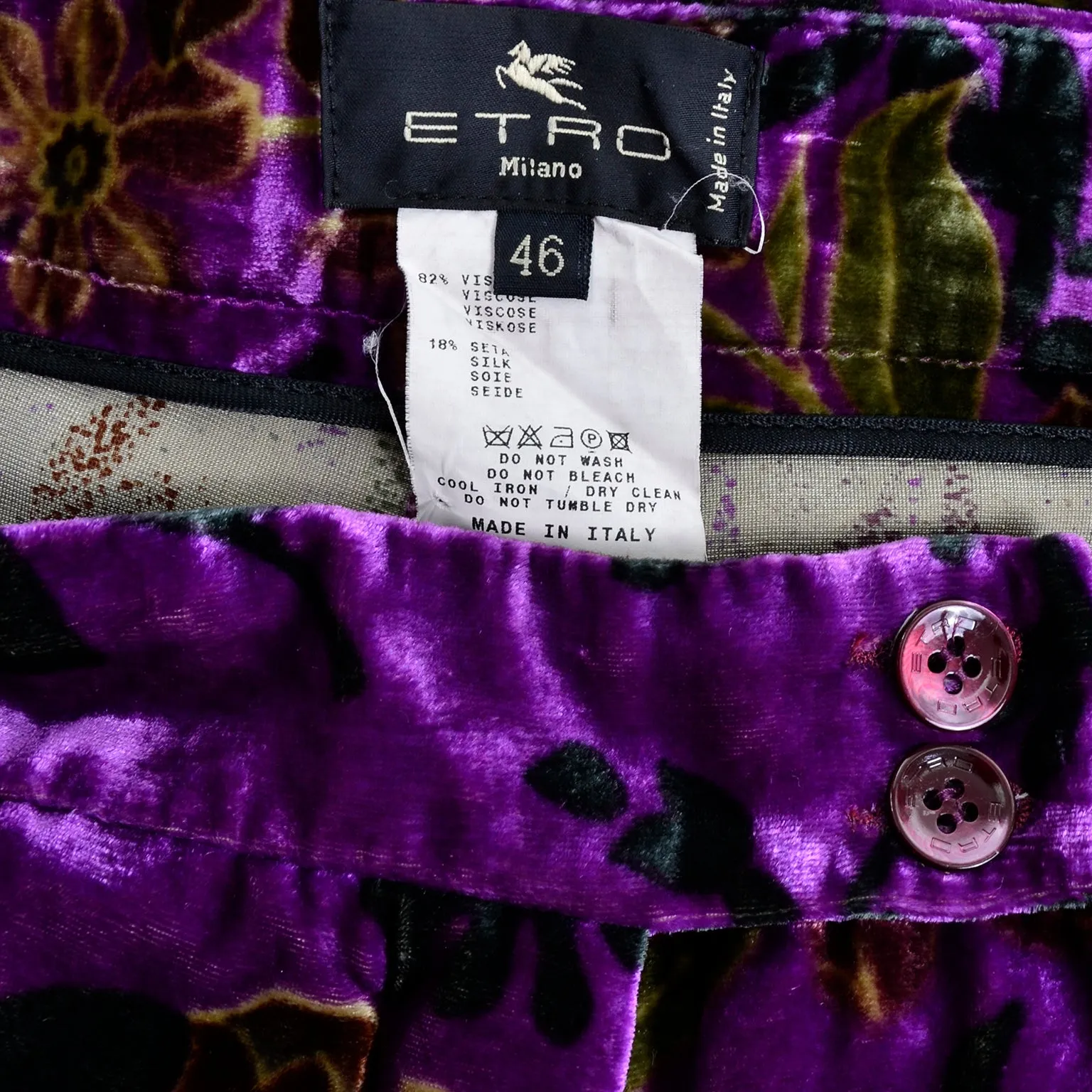 Etro Italy Purple Floral Silk Blend Velvet Pants Size 46