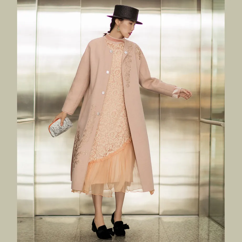 Fine nude pink Woolen Coats Women oversized long sleeve medium length jackets embroidery coats