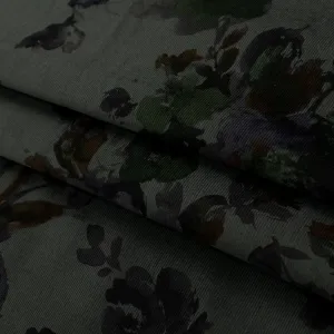 Fine Wale Printed Corduroy Floral On Charcoal