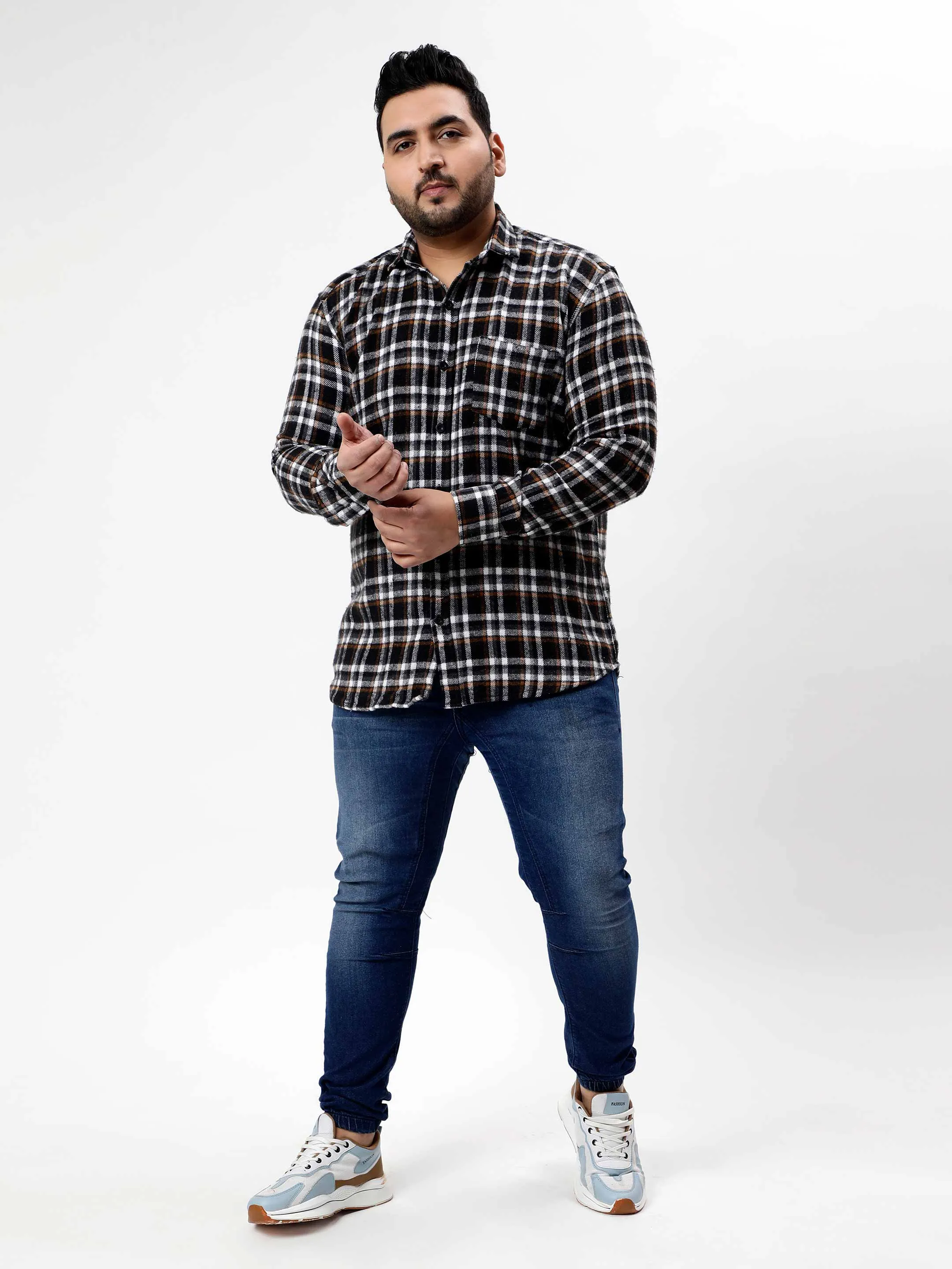 Flannel Brown Striped Checked Plus Size Shirt