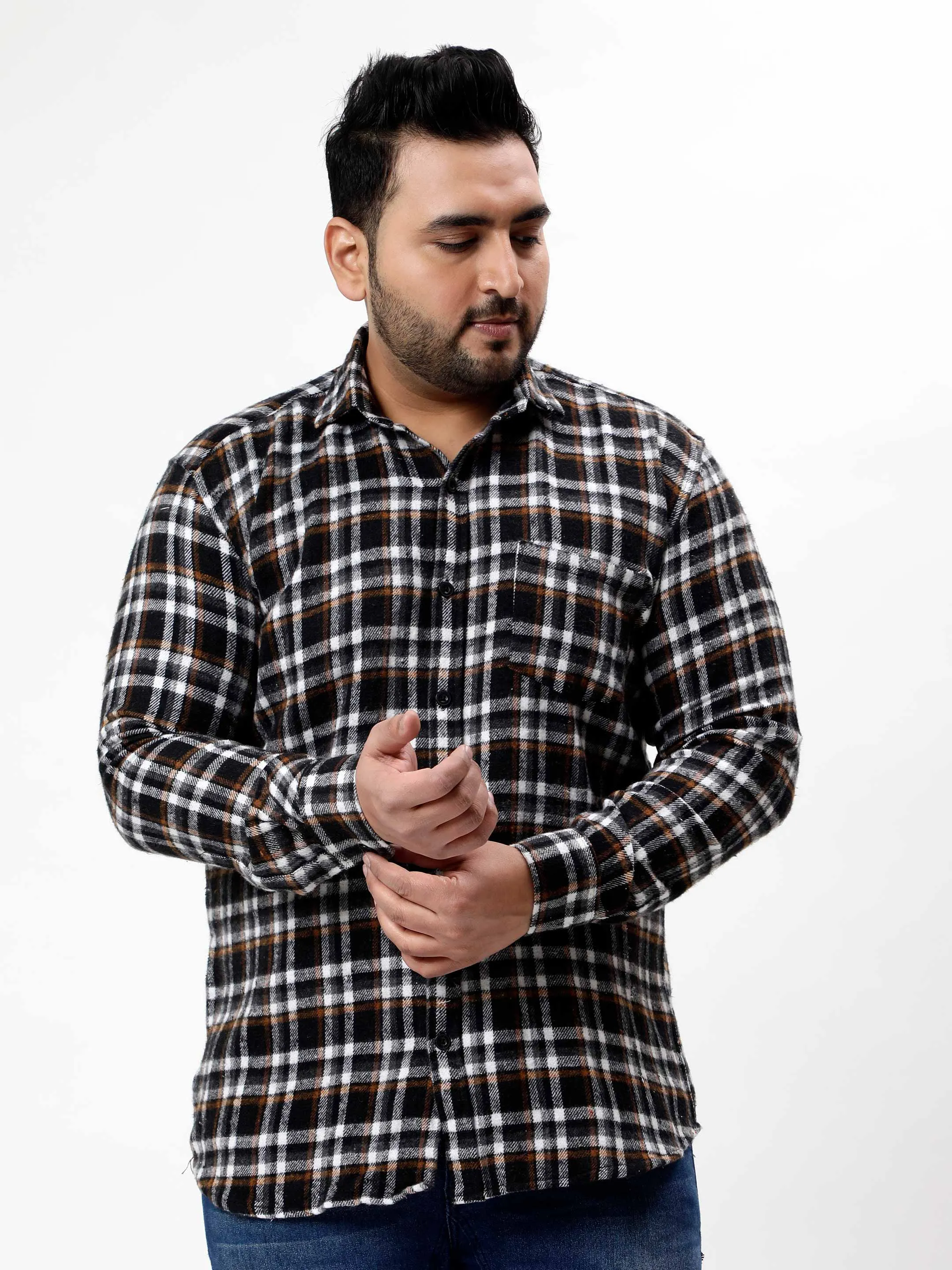 Flannel Brown Striped Checked Plus Size Shirt