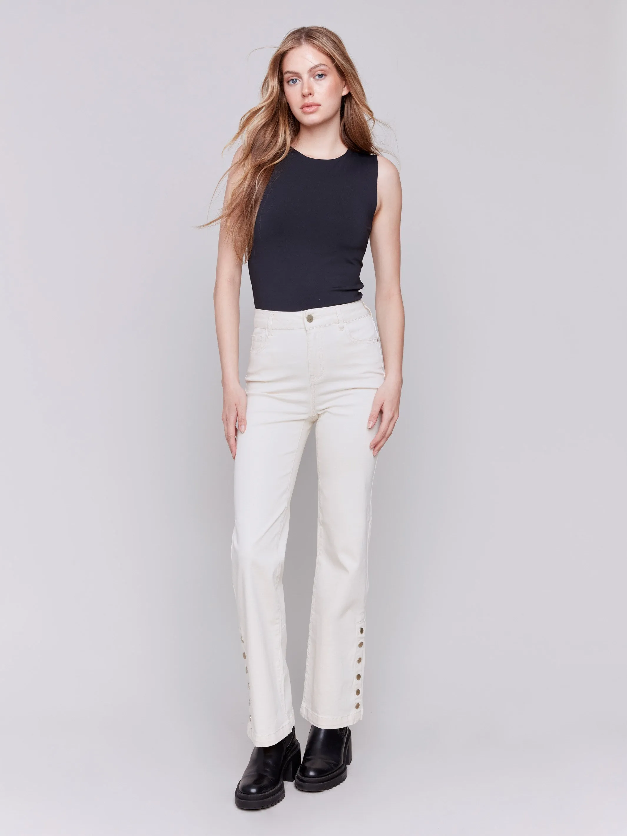 Flare Twill Jeans with Side Buttons - Natural