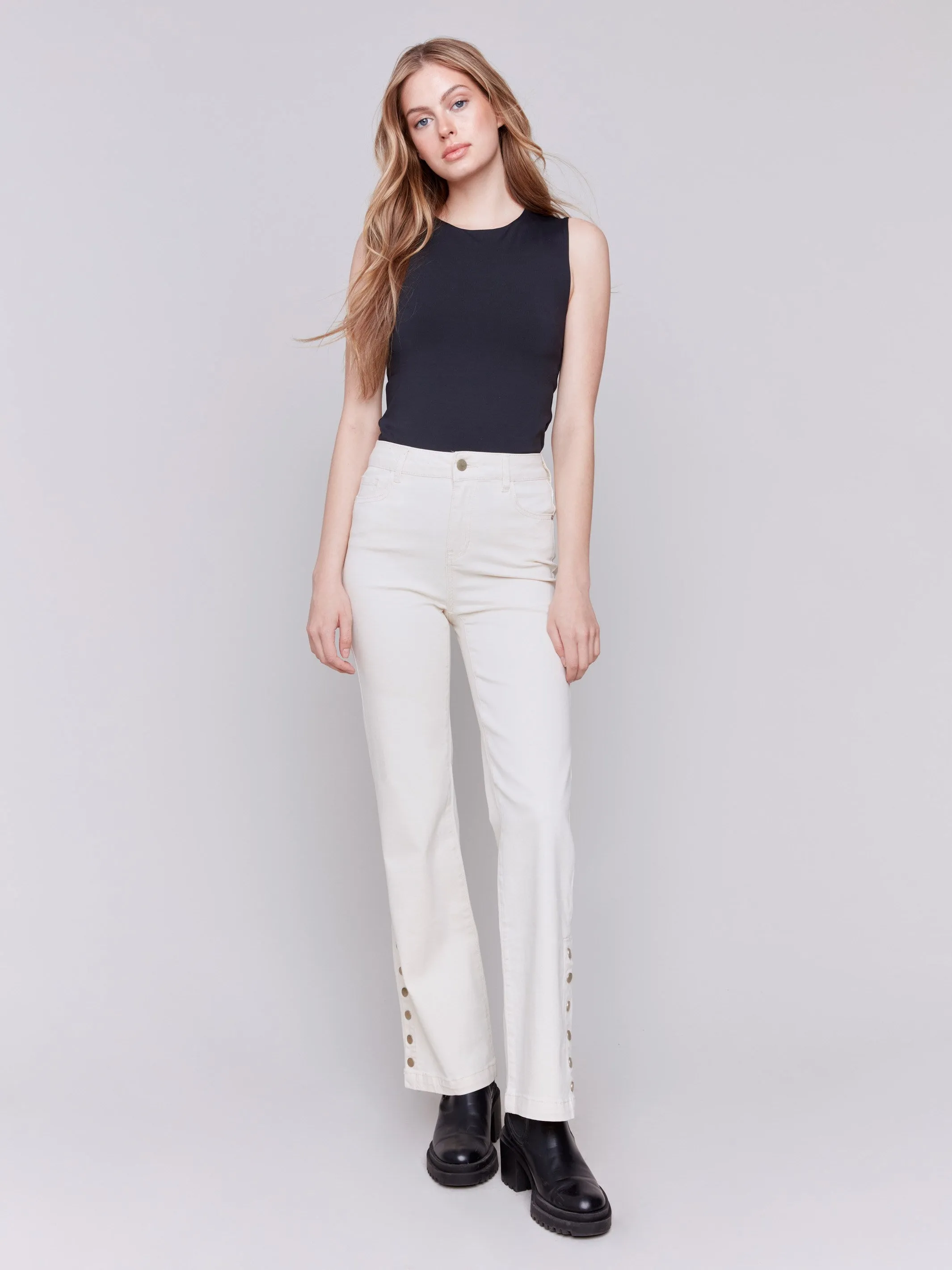 Flare Twill Jeans with Side Buttons - Natural