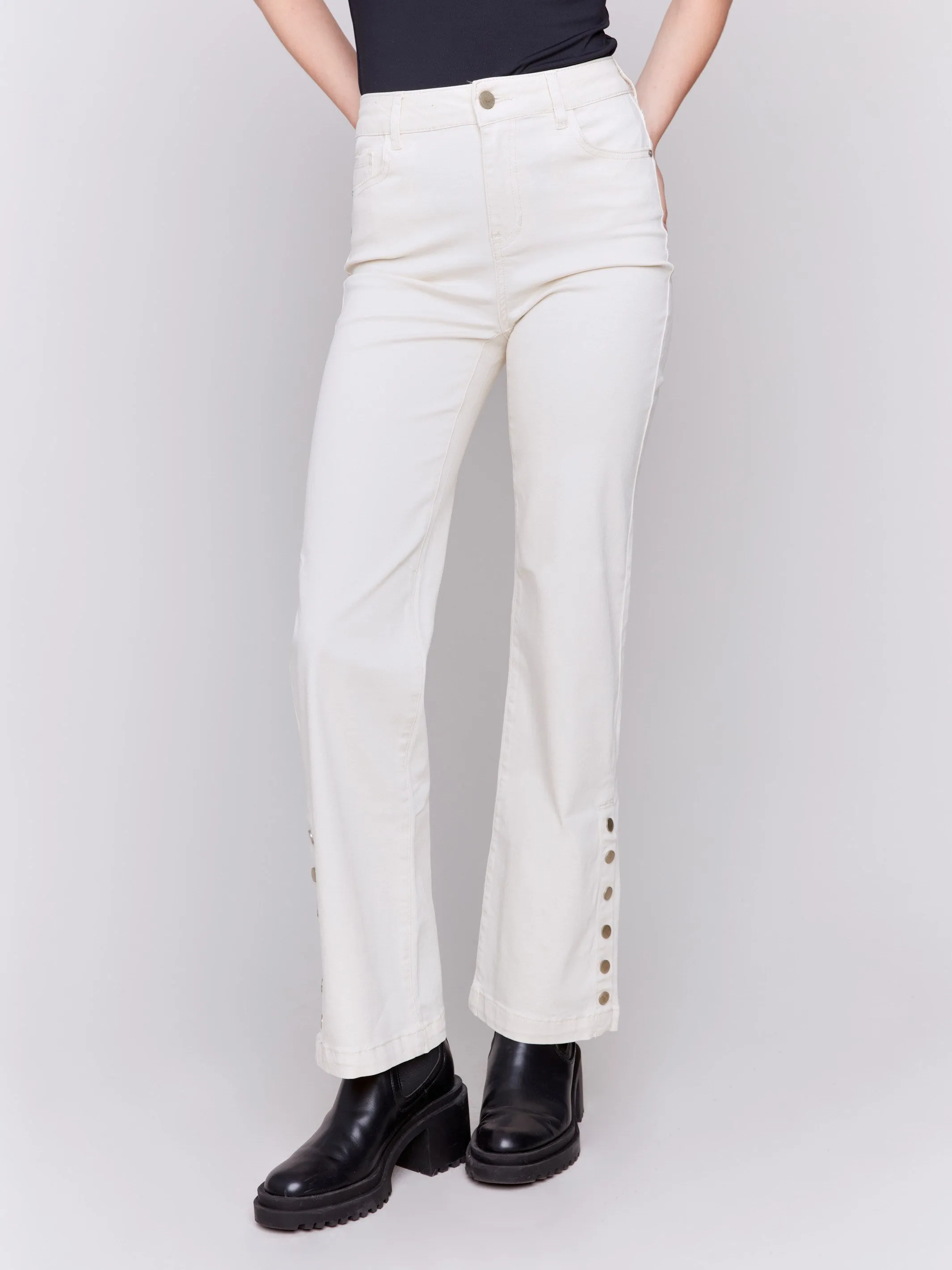 Flare Twill Jeans with Side Buttons - Natural