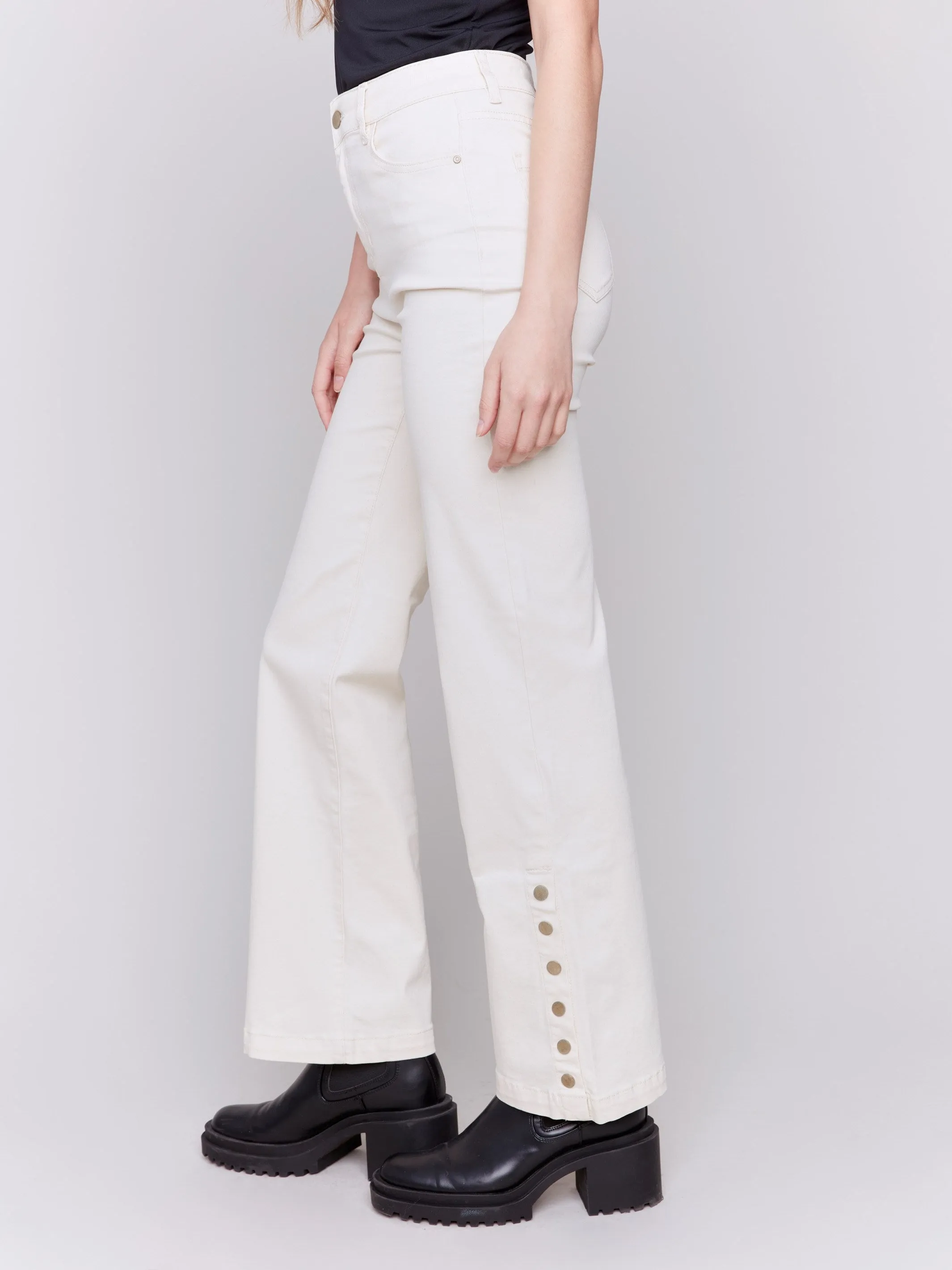 Flare Twill Jeans with Side Buttons - Natural