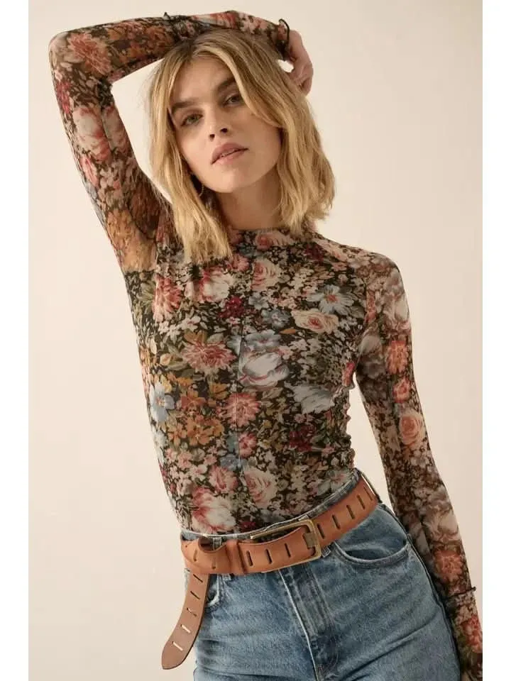 Floral Mesh Lettuce-Edge Thumbhole High-Neck Top