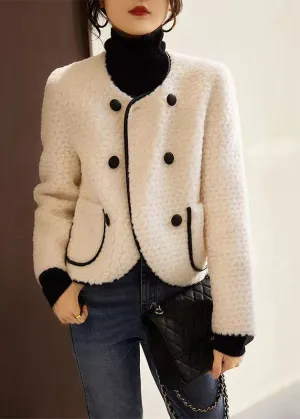 French Beige O Neck Pockets Patchwork Wool Coats Winter LY9635