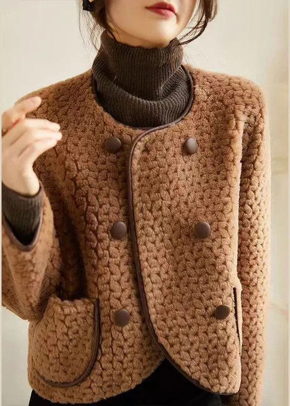 French Beige O Neck Pockets Patchwork Wool Coats Winter LY9635