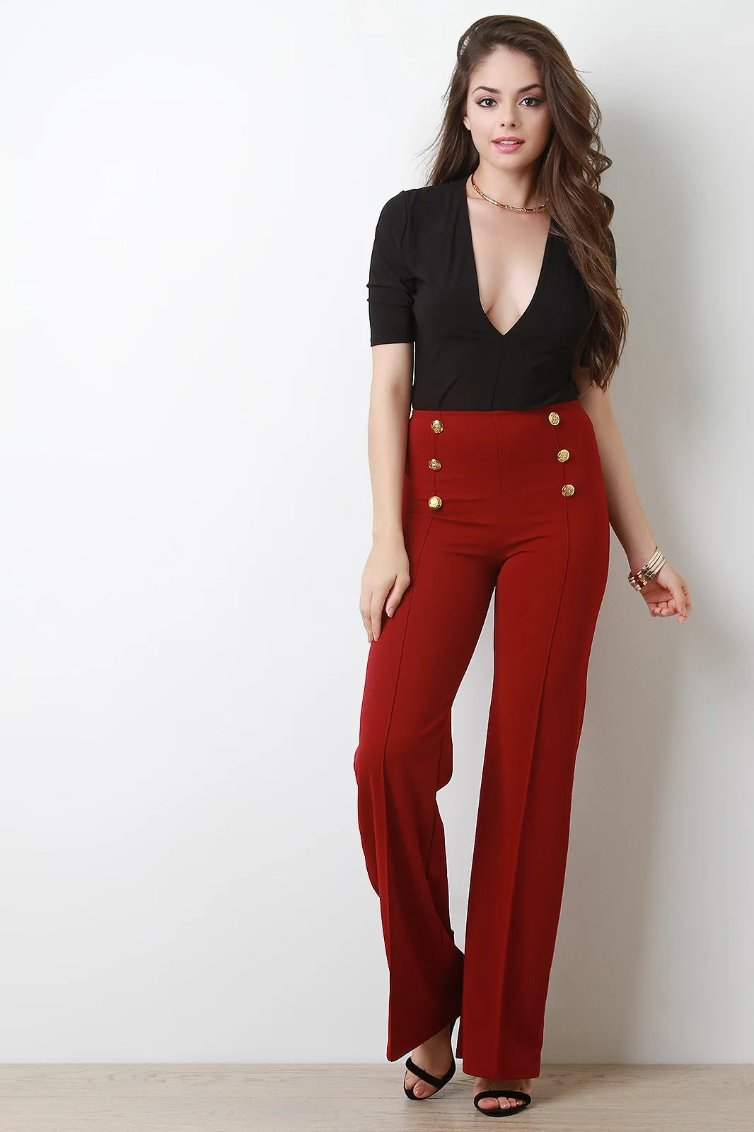 High Waisted Palazzo Decor Button Pants