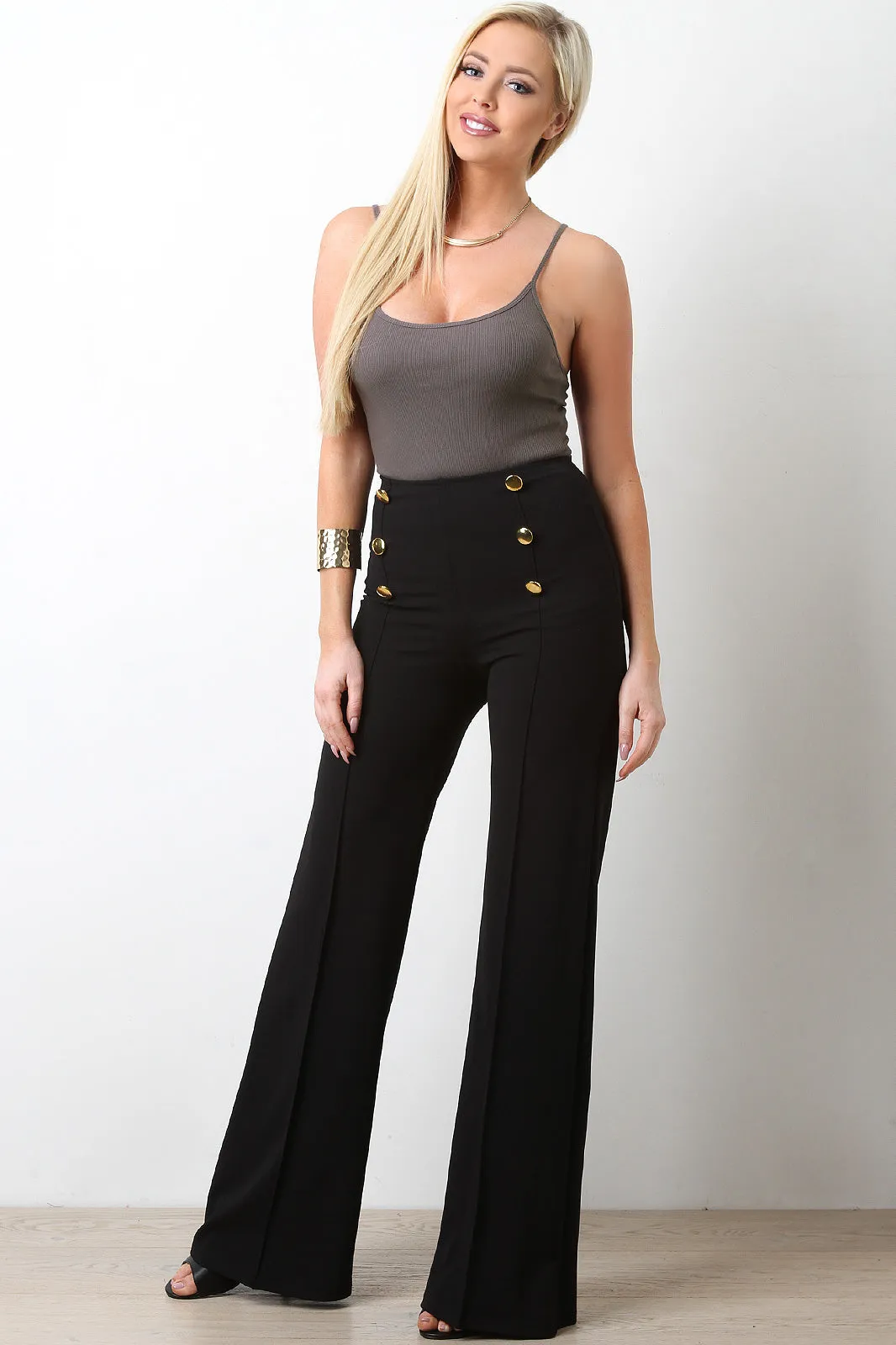 High Waisted Palazzo Decor Button Pants