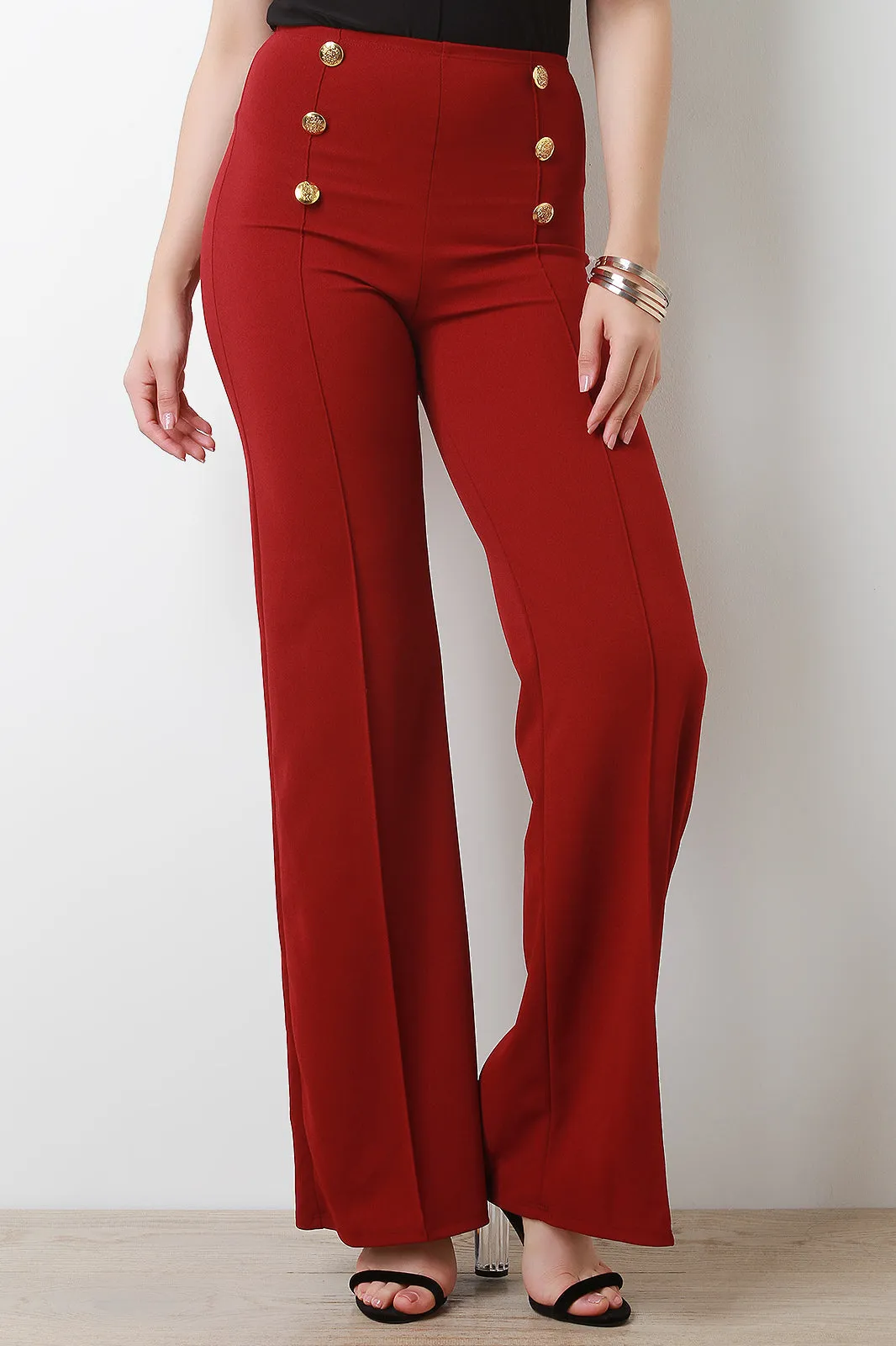 High Waisted Palazzo Decor Button Pants