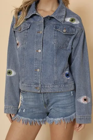 Hot Girl Evil Eye Embroidered Denim Jacket In Medium Wash