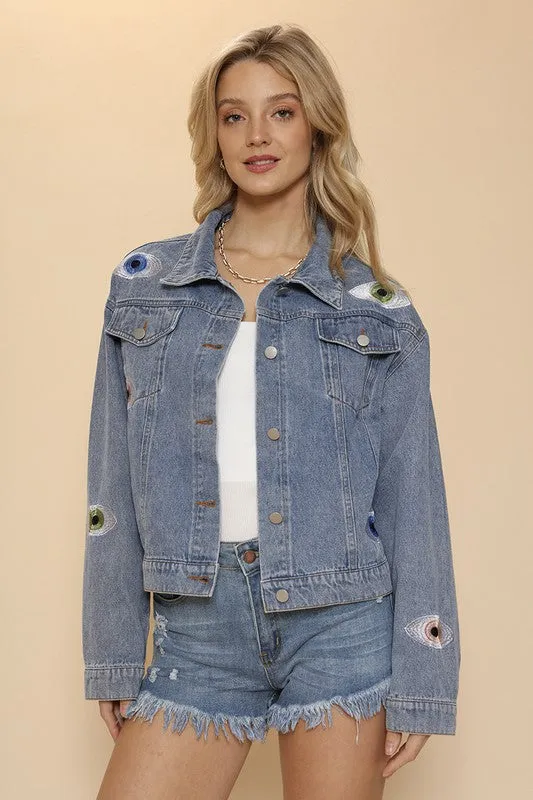 Hot Girl Evil Eye Embroidered Denim Jacket In Medium Wash