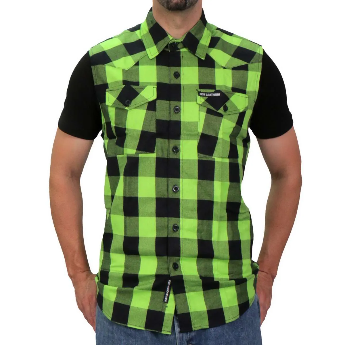 Hot Leathers FLM5002 Men’s Black and Green Sleeveless Cotton Flannel Shirt