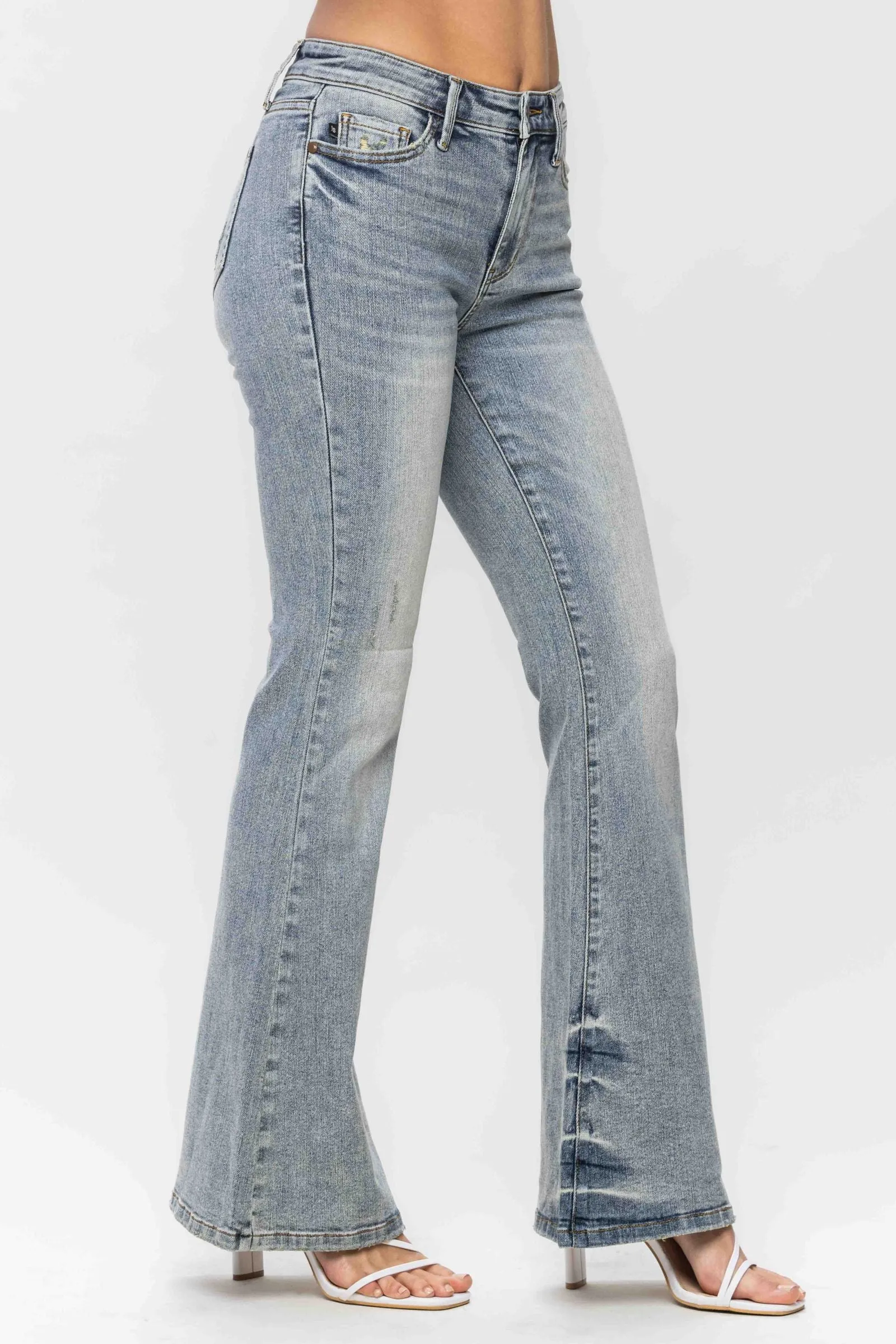 Judy Blue Megan Mid Rise Tinted Pin Tack Detail Flare Jeans