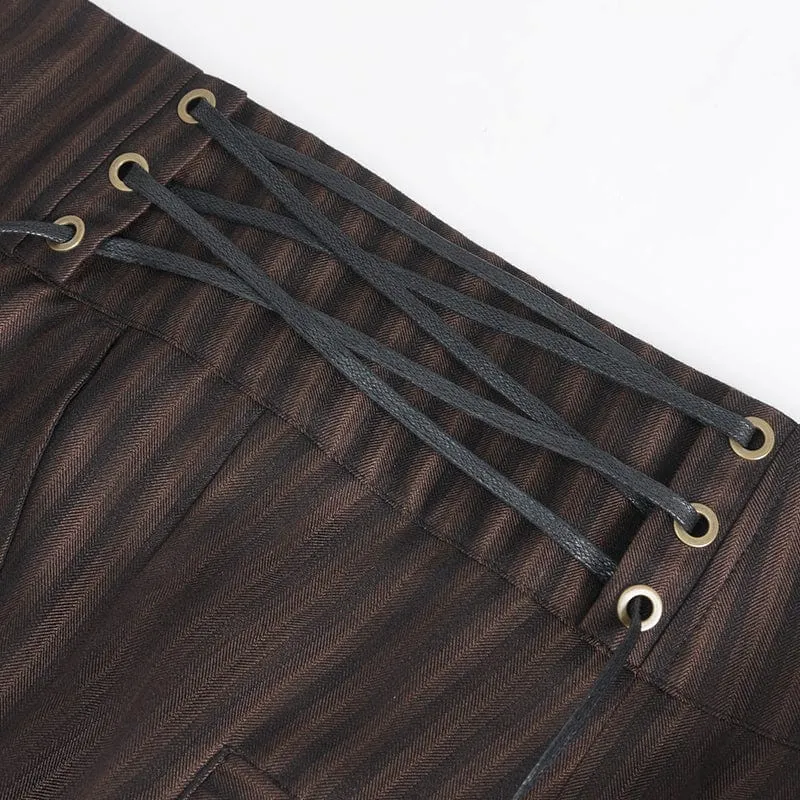 Men's Gothic High-waisted Lace-up Striped Coffee Pants