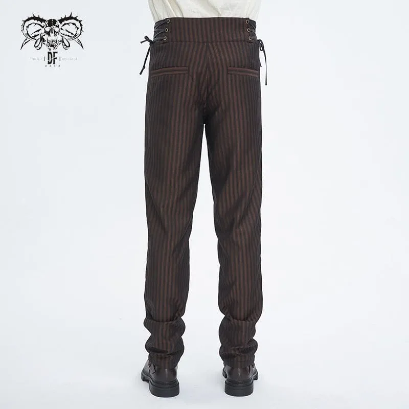 Men's Gothic High-waisted Lace-up Striped Coffee Pants