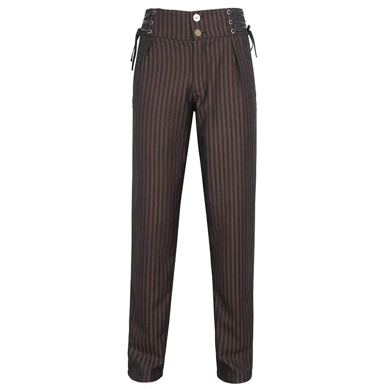 Men's Gothic High-waisted Lace-up Striped Coffee Pants