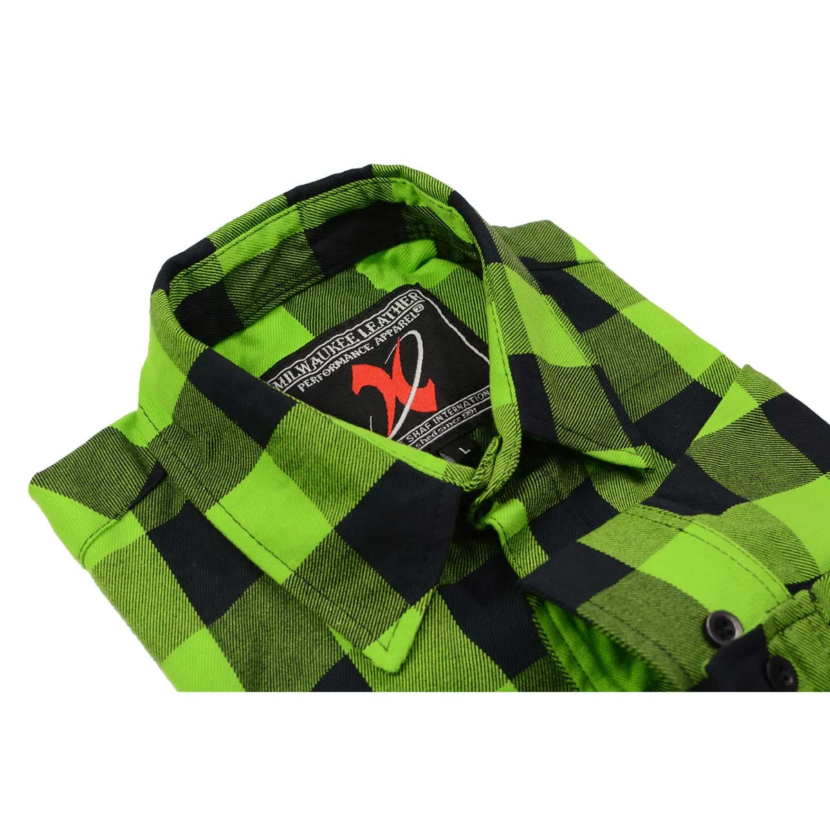 Milwaukee Leather Men's Flannel Plaid Shirt Black and Neon Green Long Sleeve Cotton Button Down Shirt MNG11632