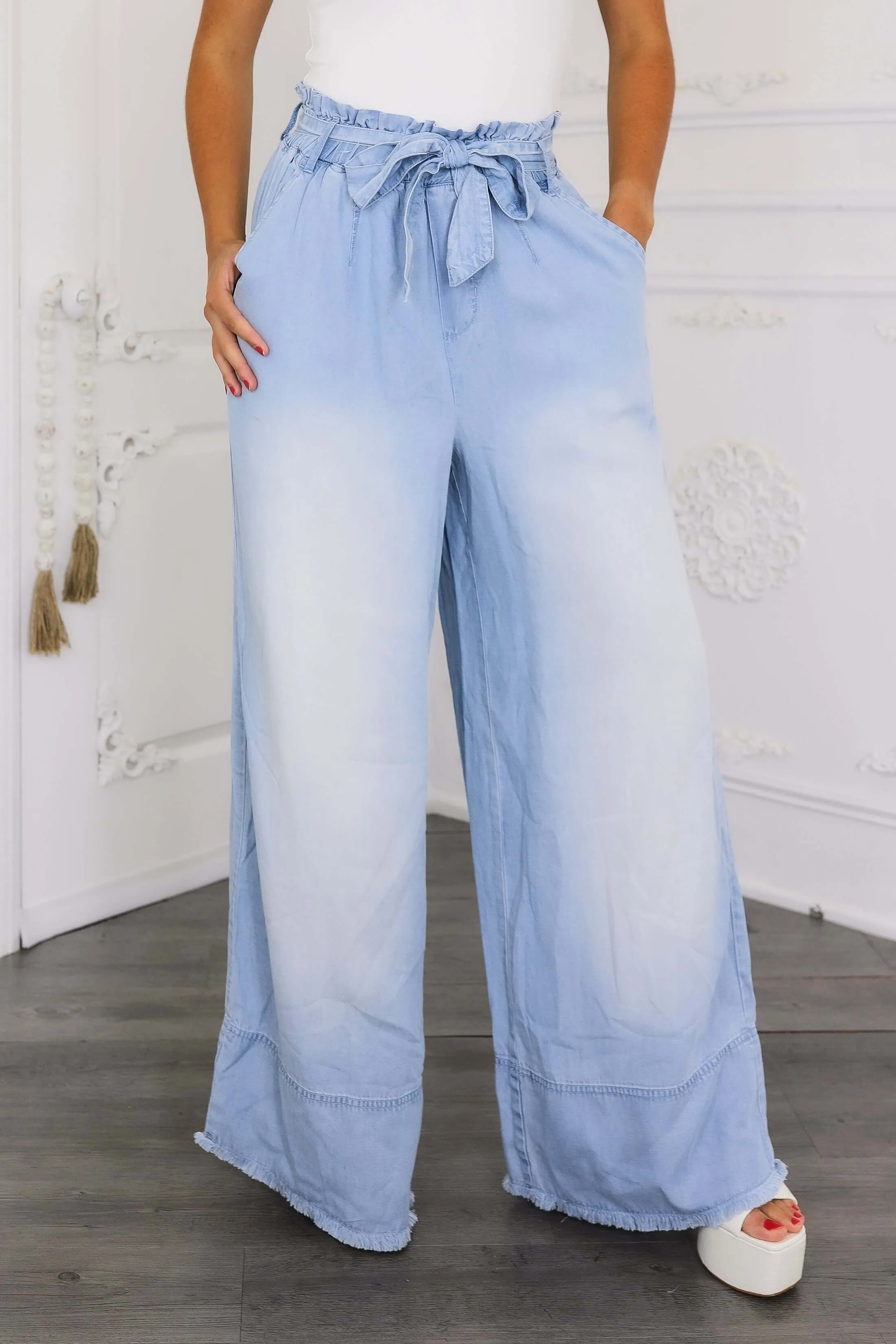 Ombré Wrap Tie Palazzo Jeans