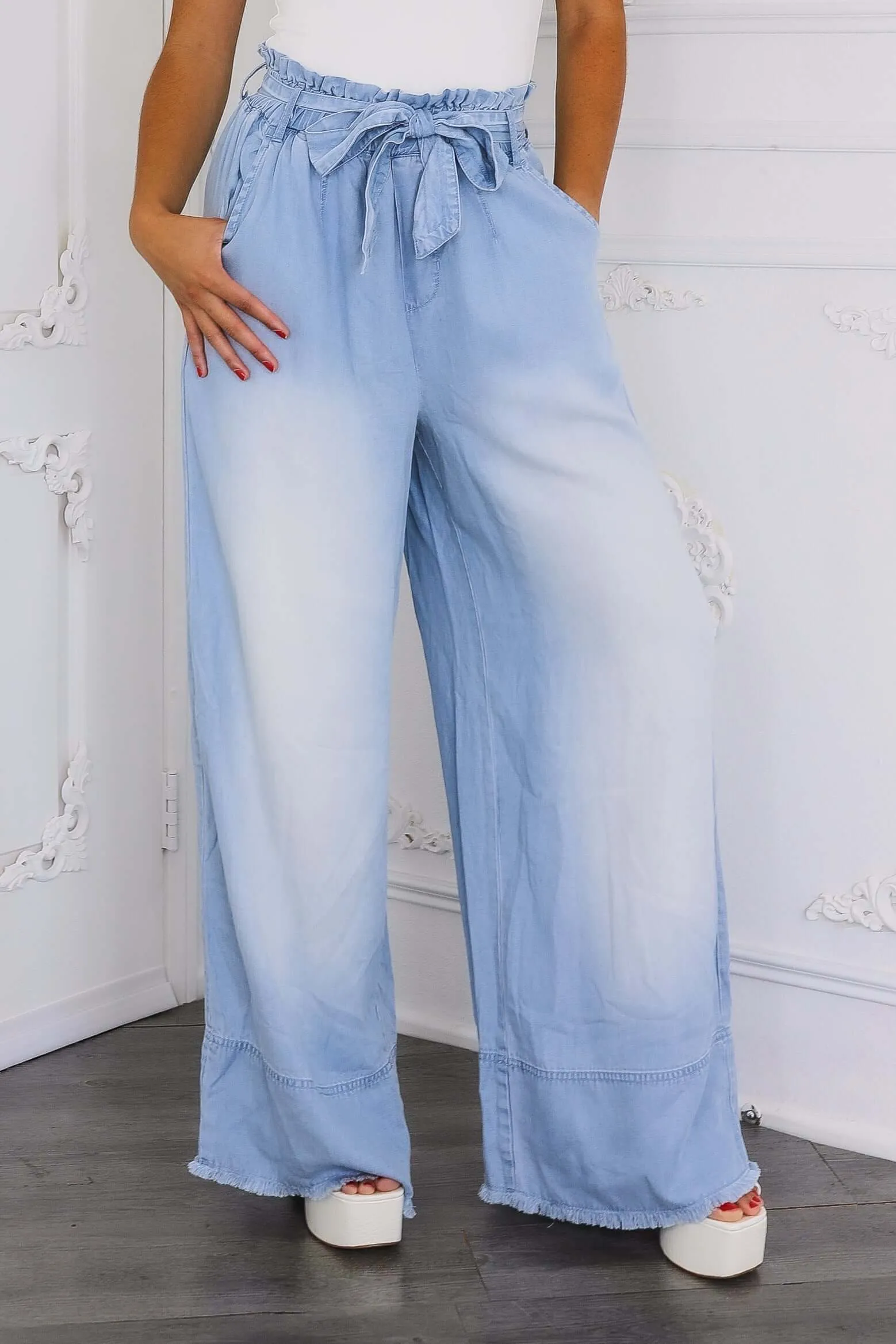 Ombré Wrap Tie Palazzo Jeans