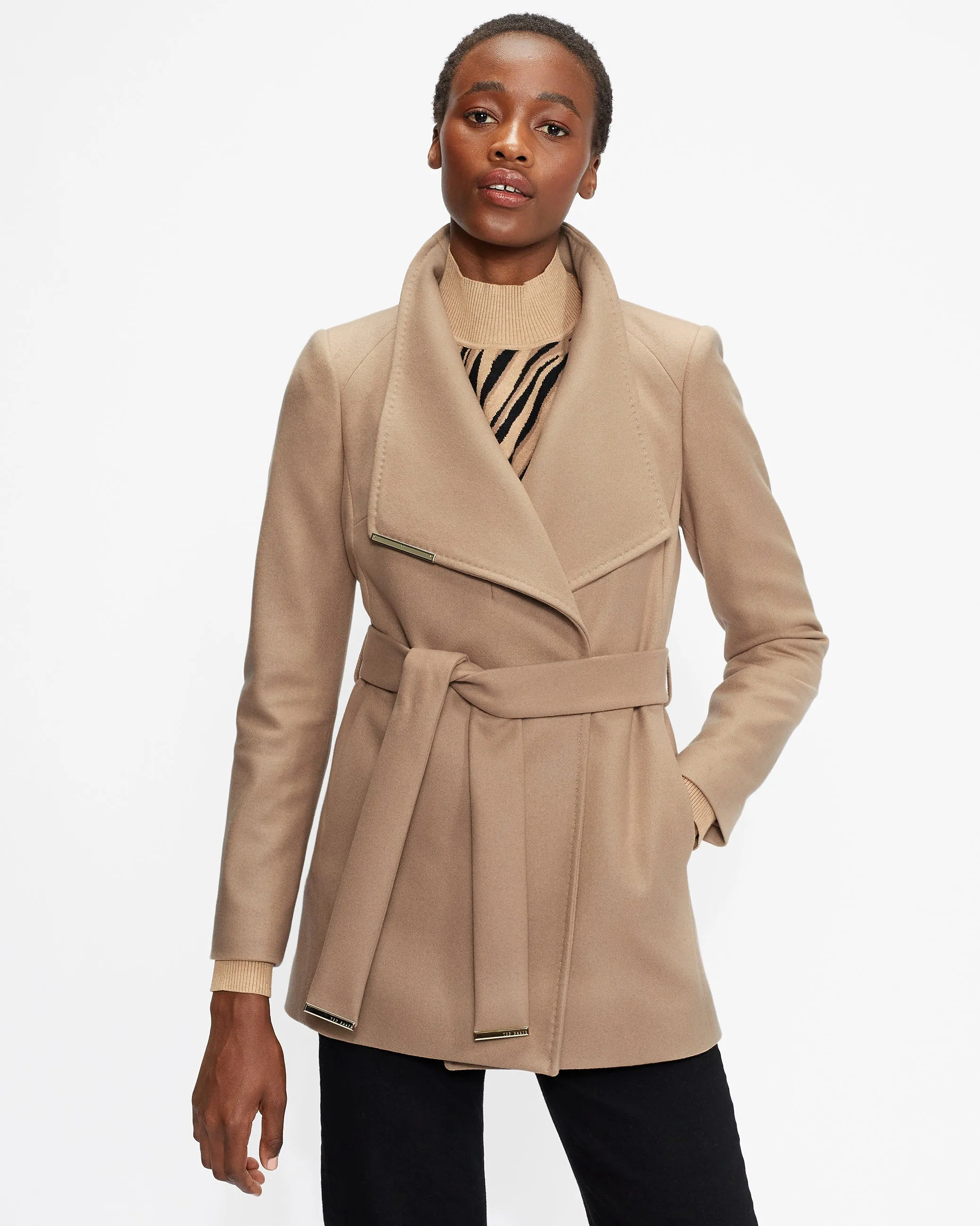 Rosess Wool Wrap Short Coat Camel