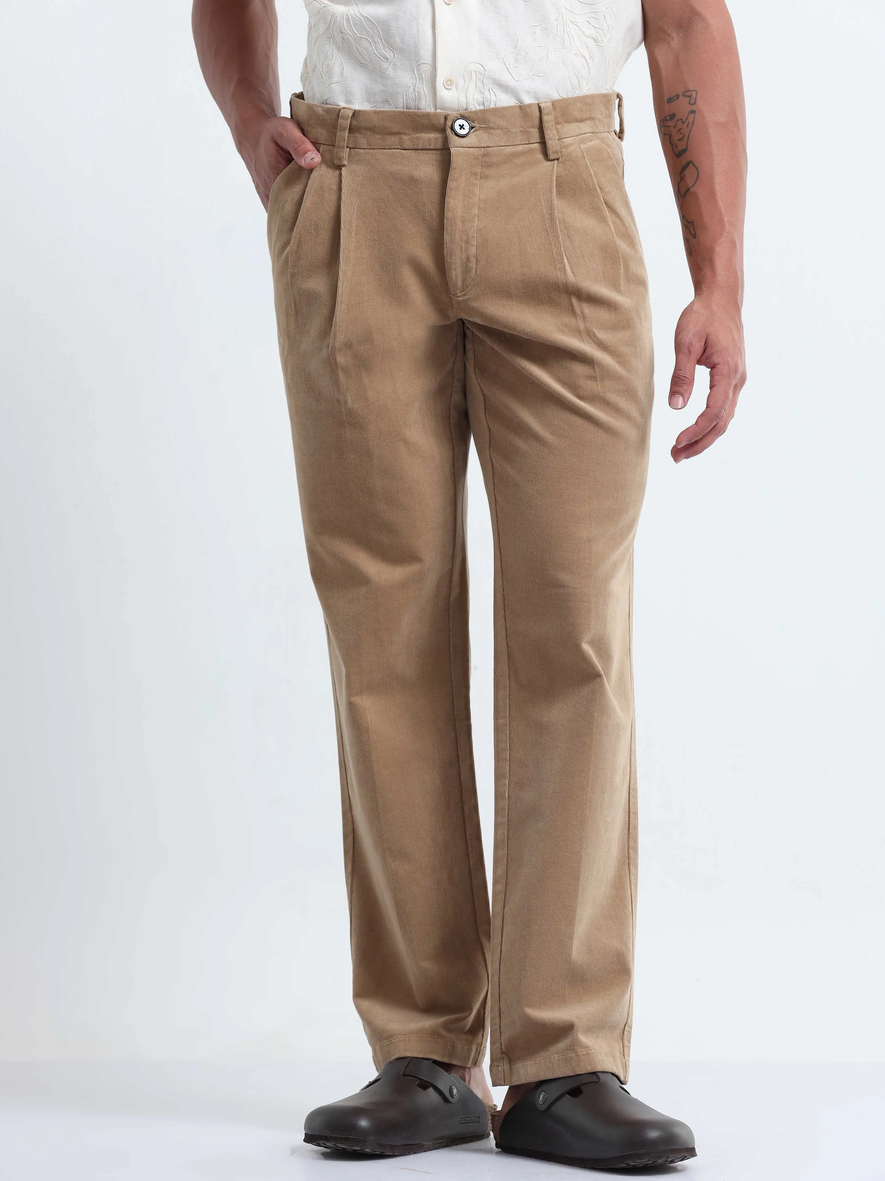 Soft Corduroy Beige Relaxed Pleated Pant