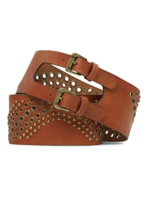 Tan Studded Genuine Leather Belt For Women By Art N Vintage