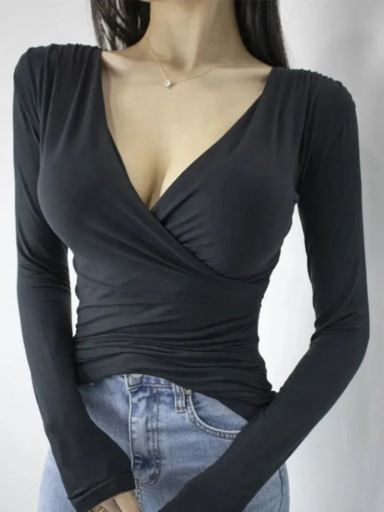 V Neck Cotton Long Sleeve Tee